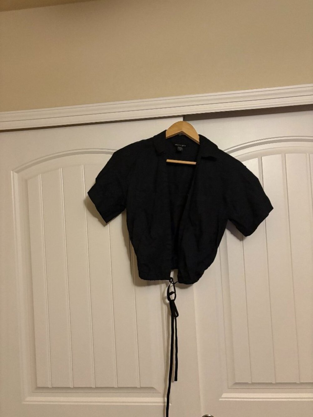 Athleta Playa Linen Tie Top XS Xtra Small Black Short Sleeve Collared Pocket